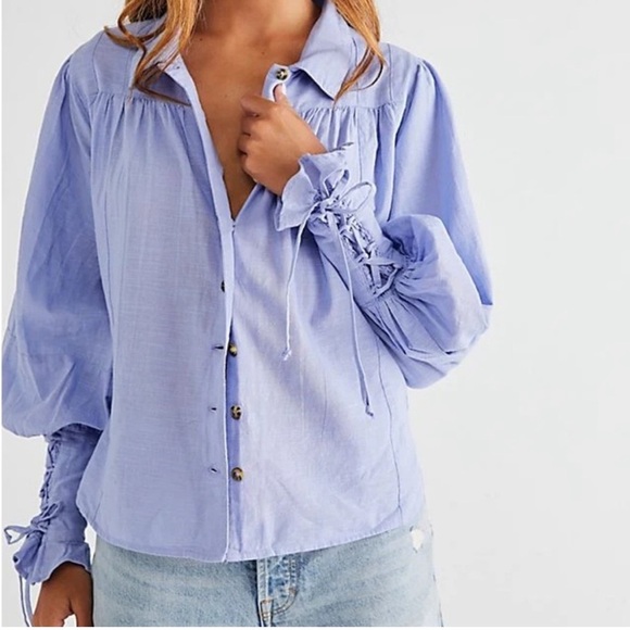 Free People Tops - Free People Puff Long Sleeve Blue Button-Up Kiss Kiss Laced Cuff Blouse XS